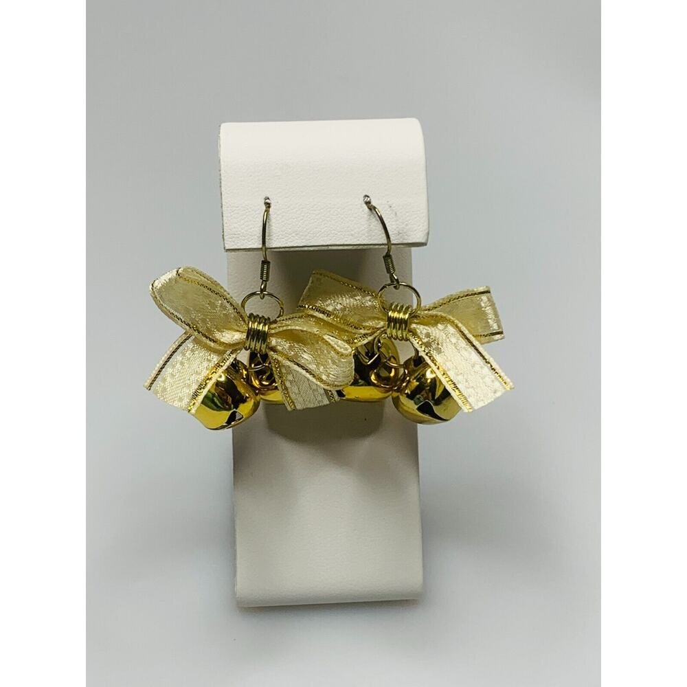 Gold Bell with Cream and Gold Bow Hook Earrings Jingle Bells